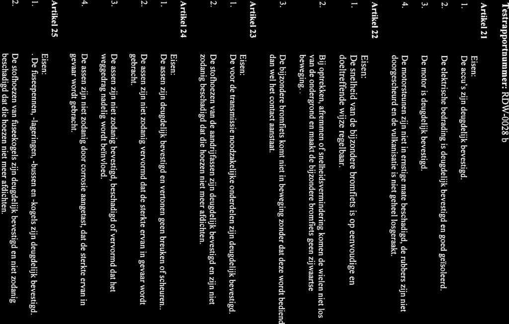 Artikel 21 1. De accu s zijn deugdelijk bevestigd. : goedkeur 2. De elektrische bedrading is deugdelijk bevestigd en goed geïsoleerd. : goedkeur 3.