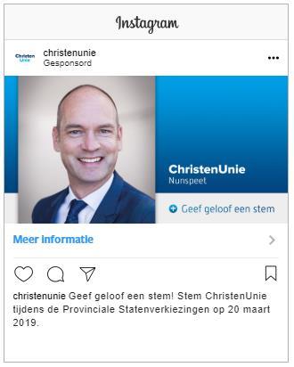 Instagram advertentie De Instagram advertentie wordt gemaakt in dezelfde omgeving als de Facebook advertentie. De tekst en afbeelding hiervoor hoeven niet apart worden opgegeven.