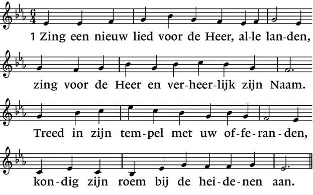 Refrein: 2. Groot is de Heer, die wij vrezen en prijzen: aarde en lucht komen vers uit zijn hand, schoonheid en kracht vergezellen Hem beide: wild is de zee en tevreden het land. 3.