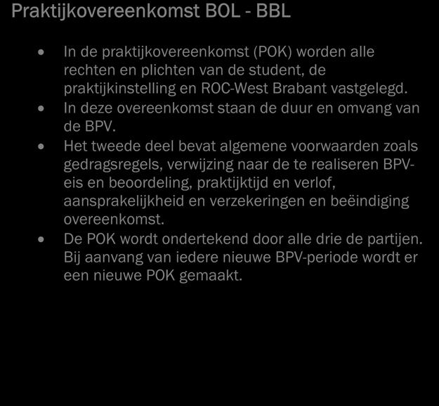 2.6.1 Praktijkovereenkomst Praktijkovereenkomst BOL - BBL In de praktijkovereenkomst (POK) worden alle rechten en plichten van de student, de praktijkinstelling en ROC-West Brabant vastgelegd.