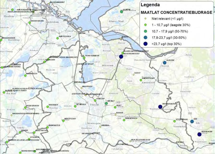Provincie Utrecht: resultaten Hotspotanalyse Maatlat concentratiebijdrage vanuit RWZI bij lozingspunt Hoge concentraties bij lage