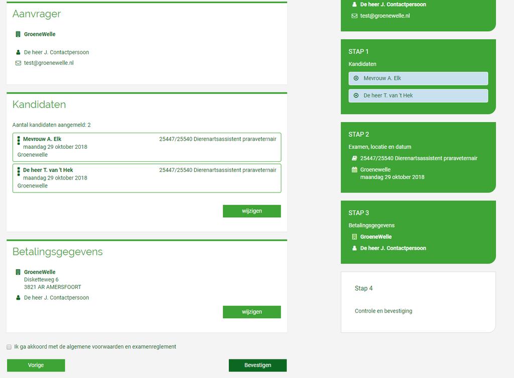 Klik daarna op Volgende en er opent een nieuw scherm. Controleer of de getoonde gegevens (factuuradres en contactpersoon) bij stap 3 juist zijn en klik opnieuw op Volgende.