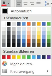 Tekstkleur In de voorgaande lessen heb je geleerd hoe je een tekst(gedeelte) vetgedrukt, cursief of onderstreept kunt weergeven en hoe je lettertype en lettergrootte kunt aanpassen.