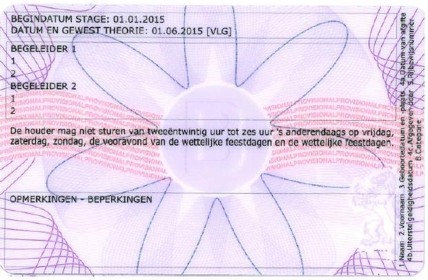 10. OPMAAK VAN HET VOORLOPIG RIJBEWIJS M36 VOORKANT ACHTERKANT De volgende vermeldingen moeten aangebracht worden op het voorlopig rijbewijs identiteit van de kandidaat (naam, voornaam,