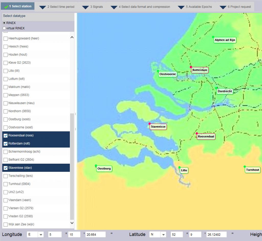 A RINEX-data van fysieke referentiestation(s) Selecteer RINEX links boven de lijst met referentiestations.