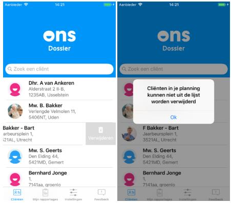 In ios: Door de regel van een cliënt op een vergelijkbare manier naar links te slepen, wordt de cliënt uit het overzicht verwijderd.