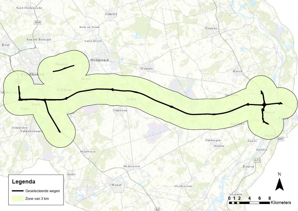 In onderstaande figuren zijn per alternatief zones van 3 km rondom de geselecteerde wegen weergegeven. Figuur 4.