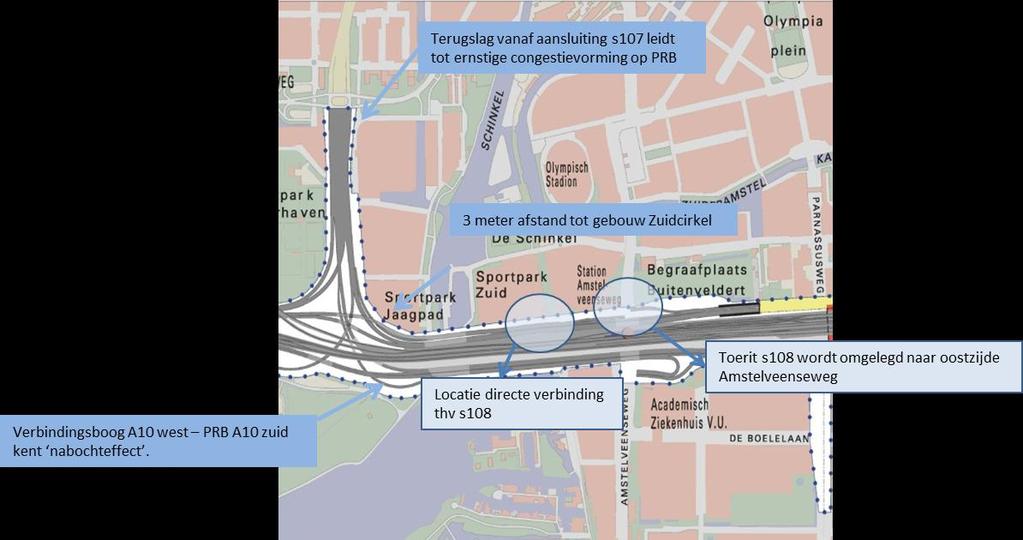 Afbeelding 5 Ligging van de directe verbinding ter hoogte van s108 met toerit s108 aan oostzijde van de Amstelveenseweg De situatie bij een directe verbinding na de s108 leidt ertoe dat er meer