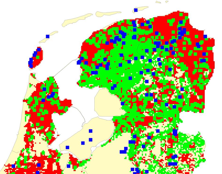 kerkuilen voorkomen in waterspitsmuisgebied (groen) en de overlap met de gebieden waar volgens de berekening géén kerkuilen voorkomen in waterspitsmuisgebied (rood).