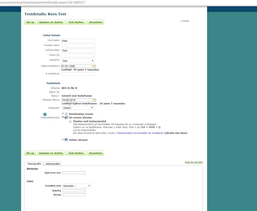 U kunt ook een nieuwe test toewijzen vanaf de 'Cliënt'-pagina. Afbeelding 6 Test toewijzen Testdetails Hierna komt u op de pagina 'Testdetails' (Afbeelding 7).