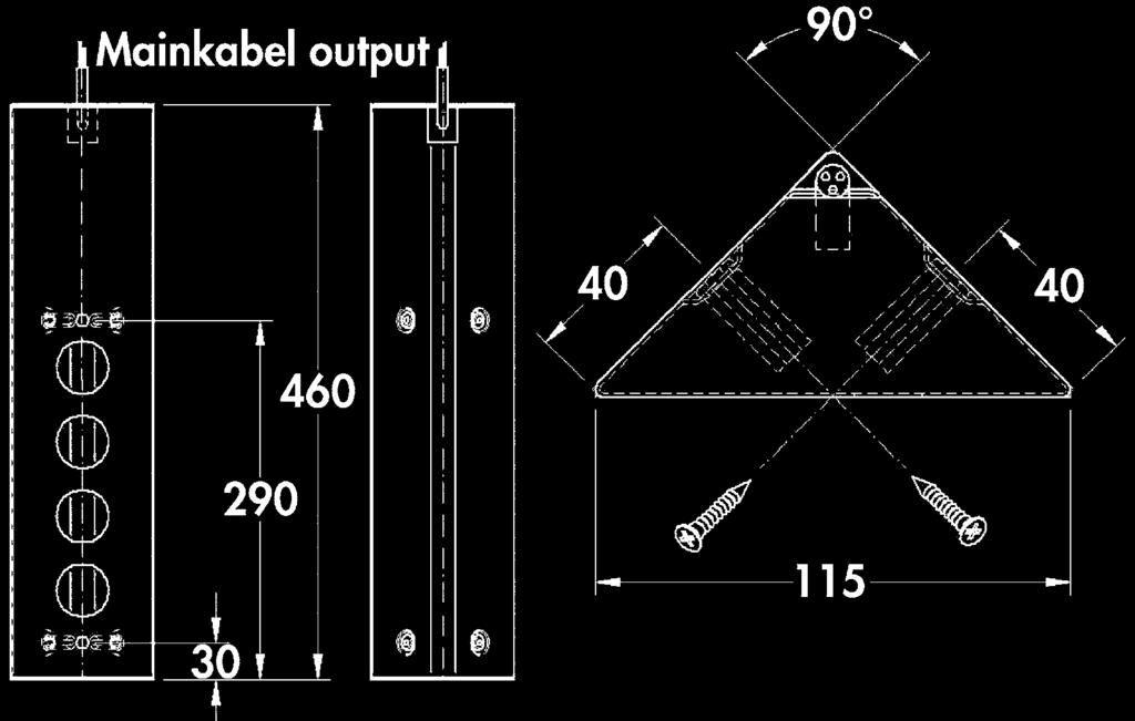 460 40 90 40 Mira ES1 Hoekvormig stopcontactelement. 4-voudig. Met telescopeerbaar compensatiestuk zonder einddoppen.