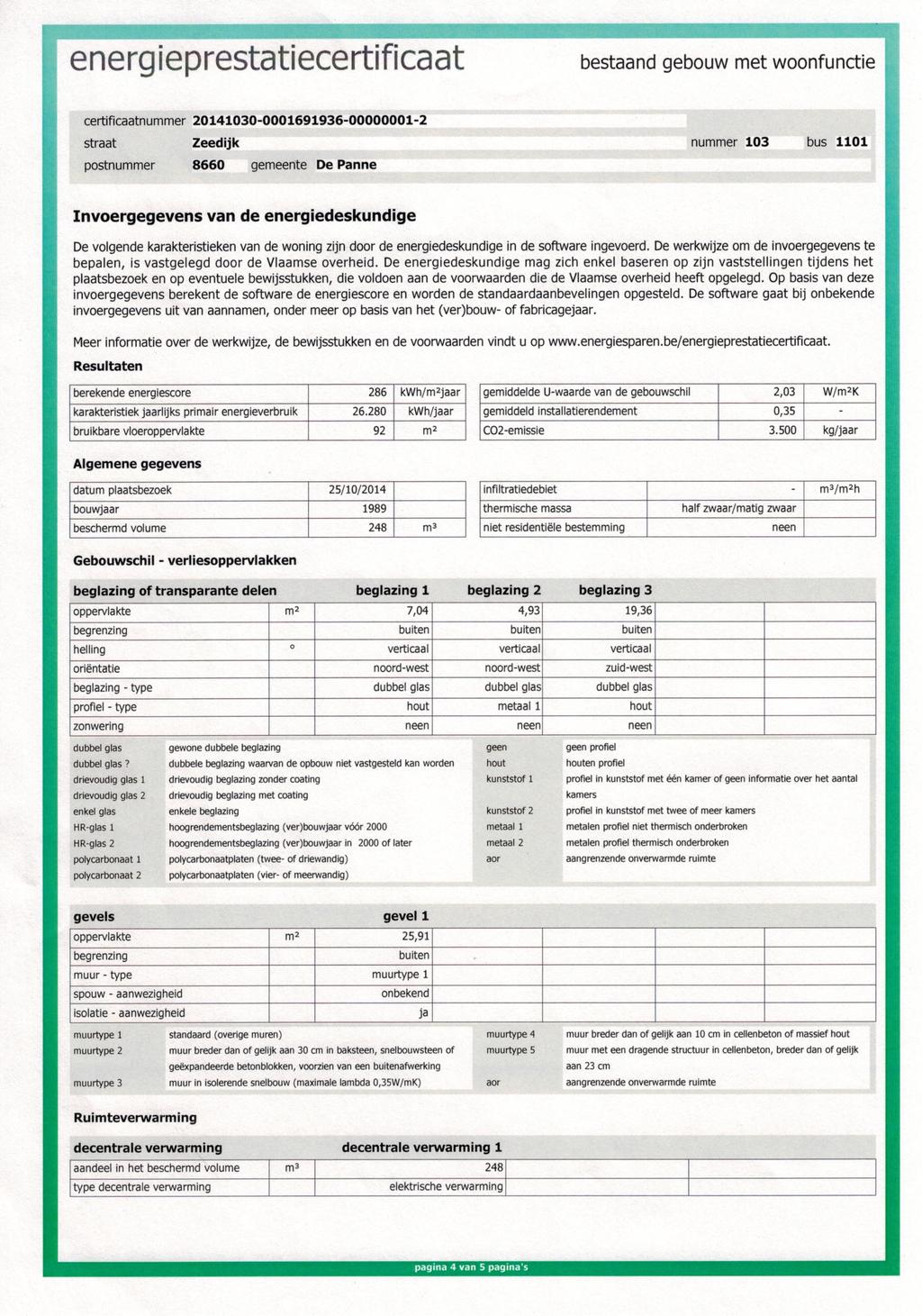 r energieprestatiecertificaat straat Zeedijk nummer 103 bus 1101 Invoergegevens van de energiedeskundige De volgende karakteristieken van de woning zijn door de energiedeskundige in de software