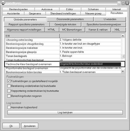 De technische kleur is gedefinieerd voor de beslagset in kwestie en kan gevisualiseerd worden in de Editor schetsen en de rapporten Schetsen, Deel per blad, Groep per blad en Calculatie Detail.