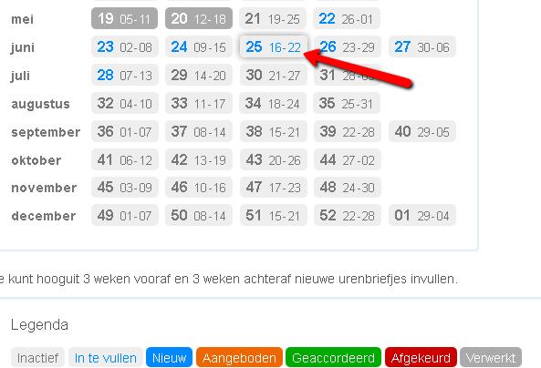 2.1 Selecteer een week In het wekenoverzicht staan de weken van het jaar. Als de muis over een specifieke week wordt bewogen, worden ook de bijbehorende begin- en einddatum van deze week getoond.