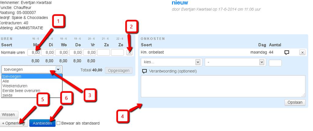 2.2 Het urenbriefje uitgelegd Wanneer een week is geselecteerd, kan het urenbriefje worden ingevuld. 1. Dit is een urenregel met ingevulde uren (normale uren) voor de dagen van de week.