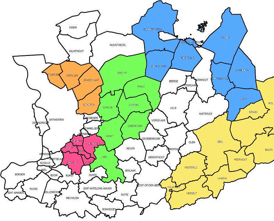 5.6.3 Politiezone die een associatie of een fusie kan vormen Brasschaat + Schoten + Grens + Voorkempen Geel Laakdal Meerhout + Neteland + Zuiderkempen + Balen Dessel Mol Nijlen-Berlaar + Bodukap +