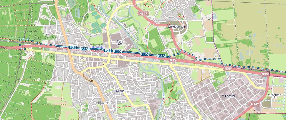 Fietssnelweg F35 in Nijverdal. Links op het kaartje start de F35 bij de Paarse Poort op de Sallandse Heuvelrug.