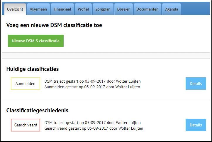 Op dit overzicht zijn de huidige en voorgaande classificaties van de cliënt te zien, waaronder de diagnose volgens