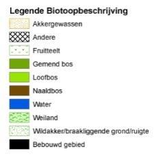 Landgebruik Bejaagd door WBE Niet bejaagd door WBE opp (ha) % opp opp (ha) % opp Loofbos 490,24 3,24% 629,21 9,17% Naaldbos 171,38 1,13% 97,18 1,42% Gemengd bos 80,79 0,53% 68,75 1,00% Akkergewassen