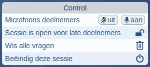 Let op: presentaties kunnen alleen in pdf-formaat worden geupload. Control Panel Dit venster is voor de besturing van de sessie. Alleen de spreker beschikt hier over.