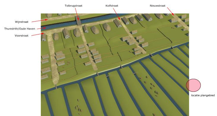 Kolfstraat 44, Dordrecht Ondergronds 110 Afb. 4. Een reconstructie van de bebouwingssituatie tot circa 1250 (J. Nipius, 2014). Rechtsonder is bij benadering de locatie van het plangebied aangegeven.