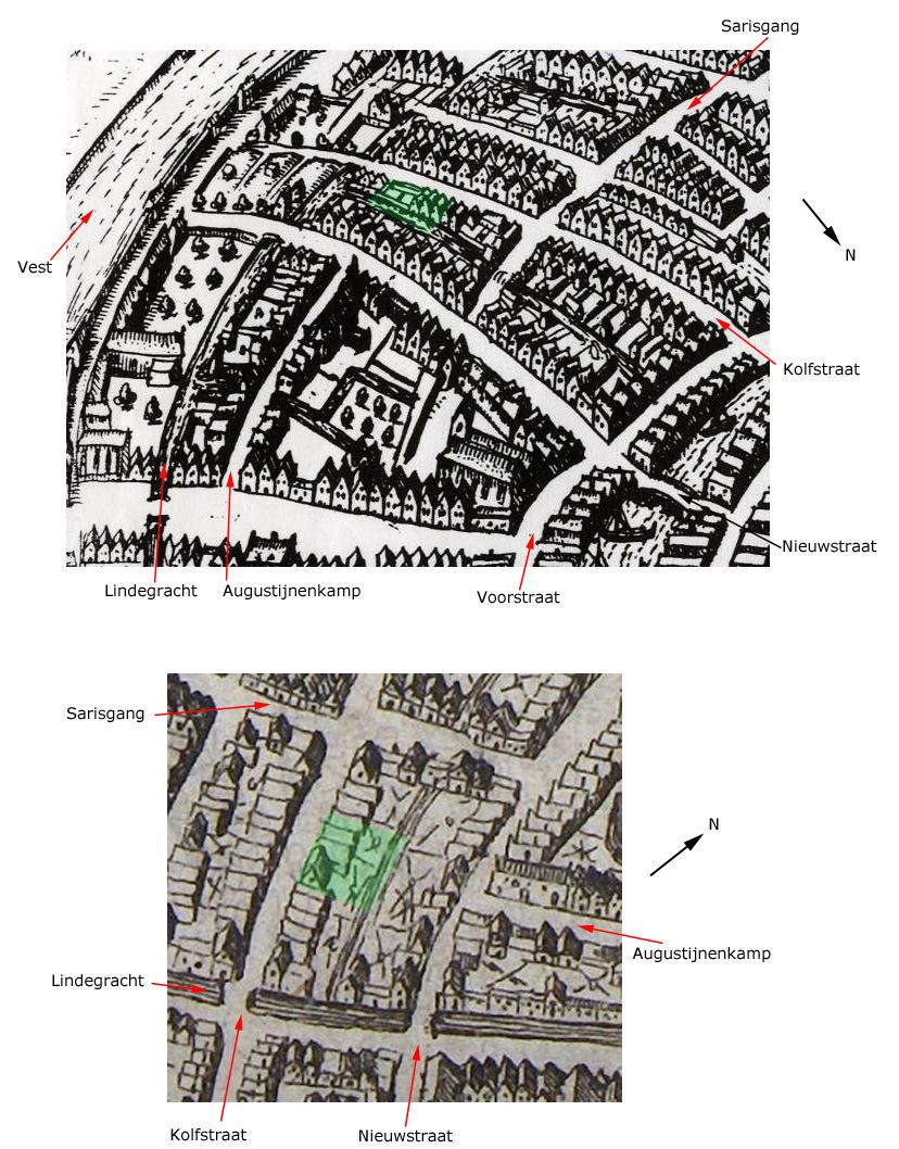 Afb. 5. Boven: het plangebied (groen) bij benadering weergegeven op een uitsnede van een kaart van Guicciardini die de situatie tussen 1581 en 1612 weergeeft.