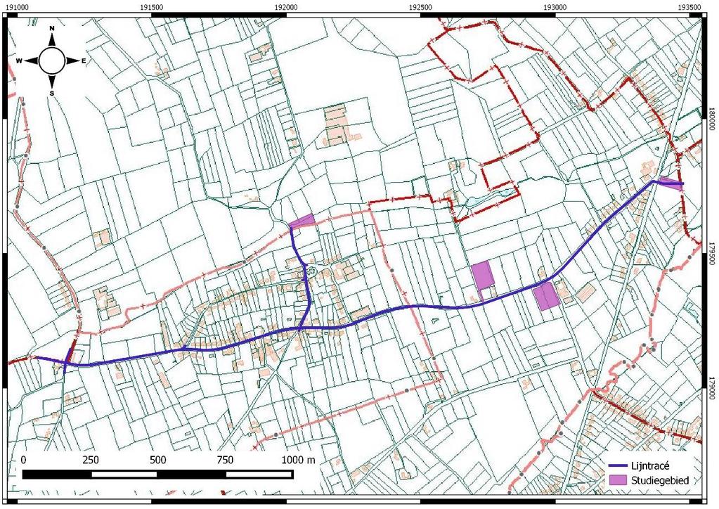 Figuur 3: Kadasterplan met aanduiding van het tracé (blauw) en te onderzoeken terreinen (paars). (Bron: CadGIS 2016) 1.