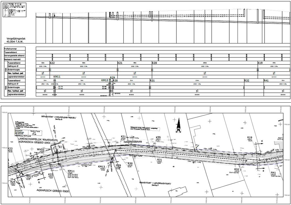 Figuur 8: Ontwerpplan deel 5 van 15 met links het hoogteverloop van het tracé (lengteprofiel) en rechts het plan in het vlak.