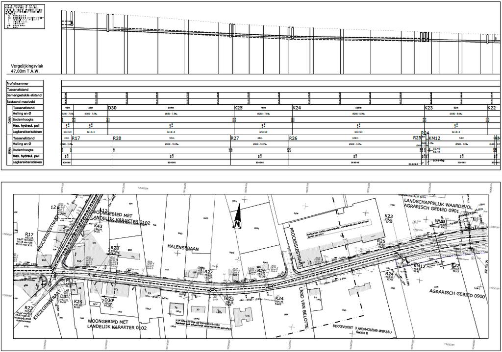 Figuur 9: Ontwerpplan deel 6 van 15 met links het hoogteverloop van het tracé (lengteprofiel) en rechts het plan in het vlak.
