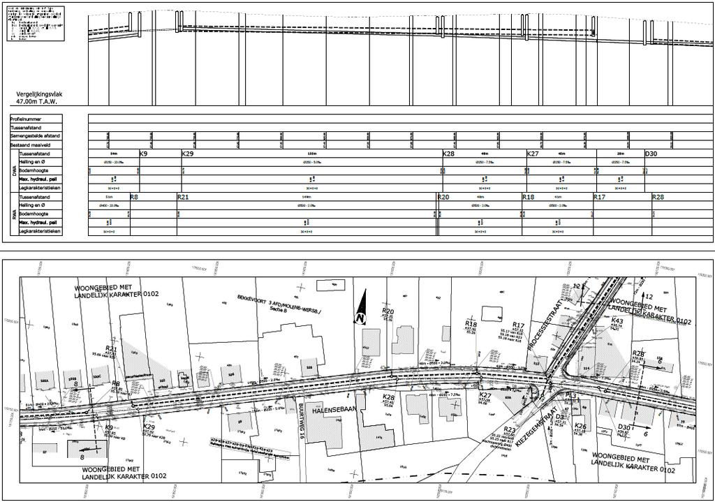 Figuur 10: Ontwerpplan deel 7 van 15 met links het hoogteverloop van het tracé (lengteprofiel) en rechts het plan in het vlak.