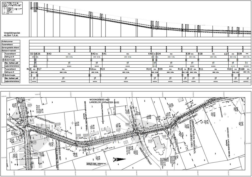 Figuur 15: Ontwerpplan deel 12 van 15 met links het hoogteverloop van het tracé (lengteprofiel) en rechts het plan in het vlak.