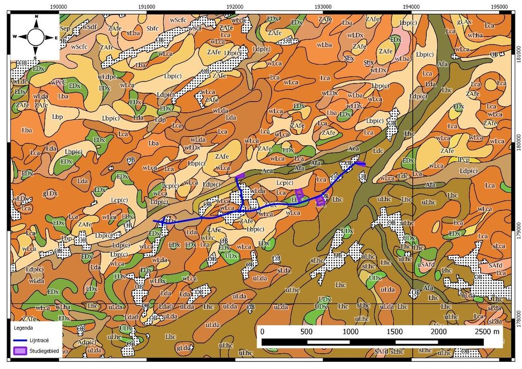3.2 BODEMKUNDIGE SITUERING 3.2.1 BODEMKAART Figuur 28: Gedigitaliseerde bodemkaart (1:20.000) met aanduiding van het tracé (blauw) en te onderzoeken terreinen(paars).