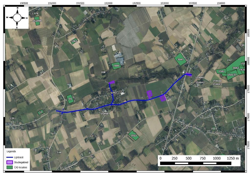 4.1.3 CENTRAAL ARCHEOLOGISCHE INVENTARIS Figuur 42: Overzichtskaart met aanduiding van CAI-locaties (groen), het tracé (blauw) en te onderzoeken terreinen (paars).