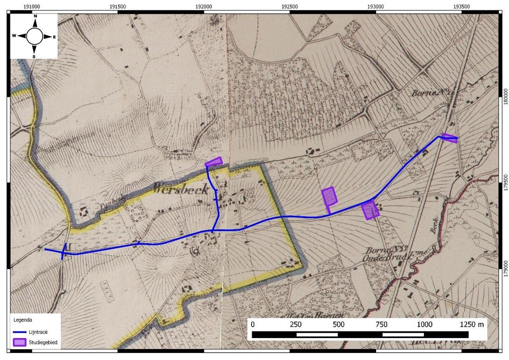4.2.4 VANDERMAELENKAART (CA. 1846-1854) Figuur 47: Vandermaelenkaart met aanduiding van het tracé (blauw) en terrein voor grondverbetering (paars).