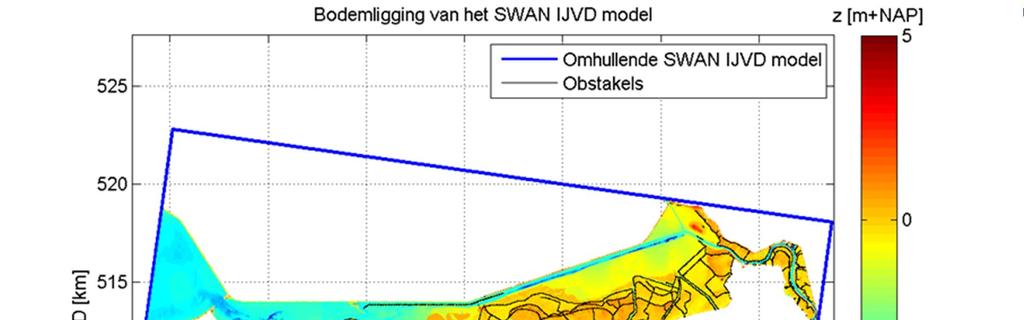 Figuur 4.5 Bodemligging en obstakels gehanteerd in SWAN modellering IJsselVechtdelta.
