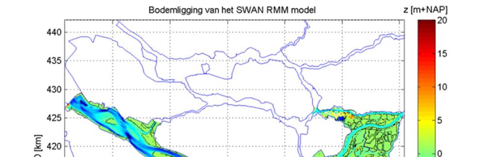 Figuur 4.7 Bodemligging en obstakels gehanteerd in SWAN modellering Rijn Maasmonding.