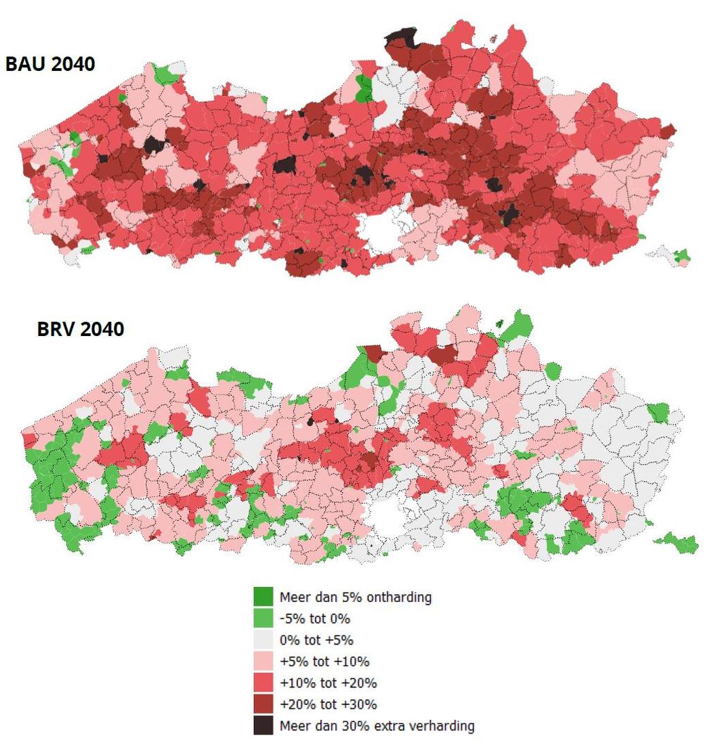 Sumaqua Impact van klimaatverandering op rioleringen 14 Figuur 8: Verharde oppervlakte verbonden met rioleringen in elk beschouwd scenario.