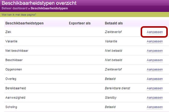 Beschikbaarheidstype aanpassen Vervolgens moet worden aangegeven welke beschikbaarheidstypen (ook wel afwezigheidstypen genoemd) moeten worden geëxporteerd, en met welke uursoort in Ons Administratie