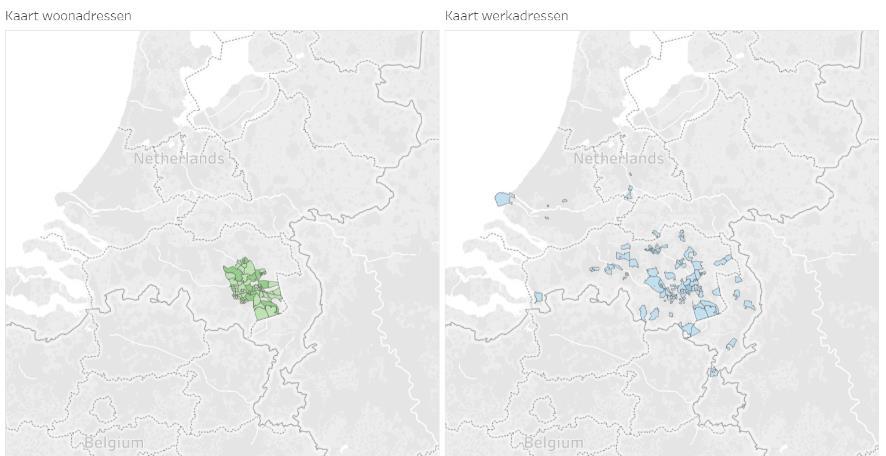 Aantal reizigers op woonadressen (N: 465) Figuur 8: Legenda taartdiagram 'hoofddagbesteding': rood=werk, (donker)blauw=unknown, groen=studie, (licht)blauw=anders, geel/oranje=huishouden Bevindingen: