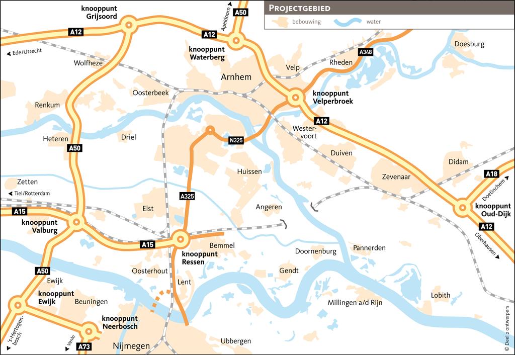 Afbeelding 4-3 Huidige situatie hoofdwegennet en de N325 in de regio Arnhem In de afgelopen jaren is al fors geïnvesteerd en wordt nog steeds geïnvesteerd in verbetering van de bestaande hoofdwegen