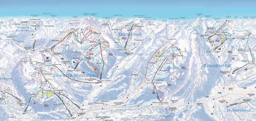 14 15 Winter Silvretta Montafon Zomer Silvretta Montafon 1 van de 10 grootste skigebieden van Oostenrijk 67 liften 221 km piste (115 km blauw, 73 km rood, 33 km zwart, 44 km skiroutes) veel skiroutes
