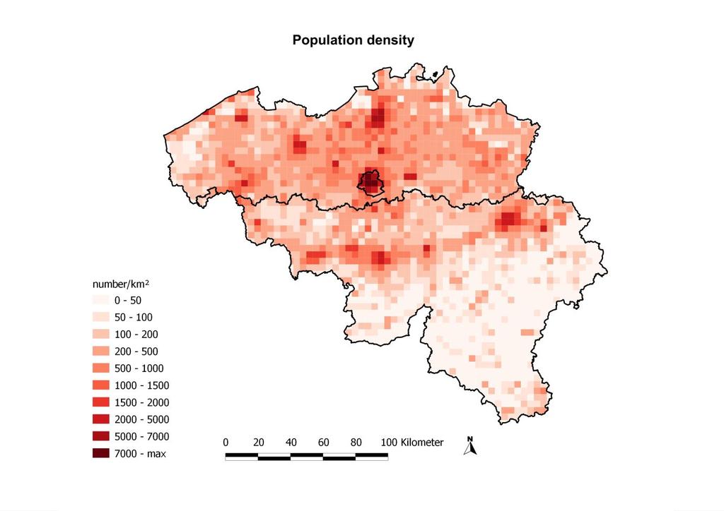 18 Figuur 3: Bevolkingsdichtheid per RIO-roostercel (Bron: Bevolkingscijfers Statistics Belgium).