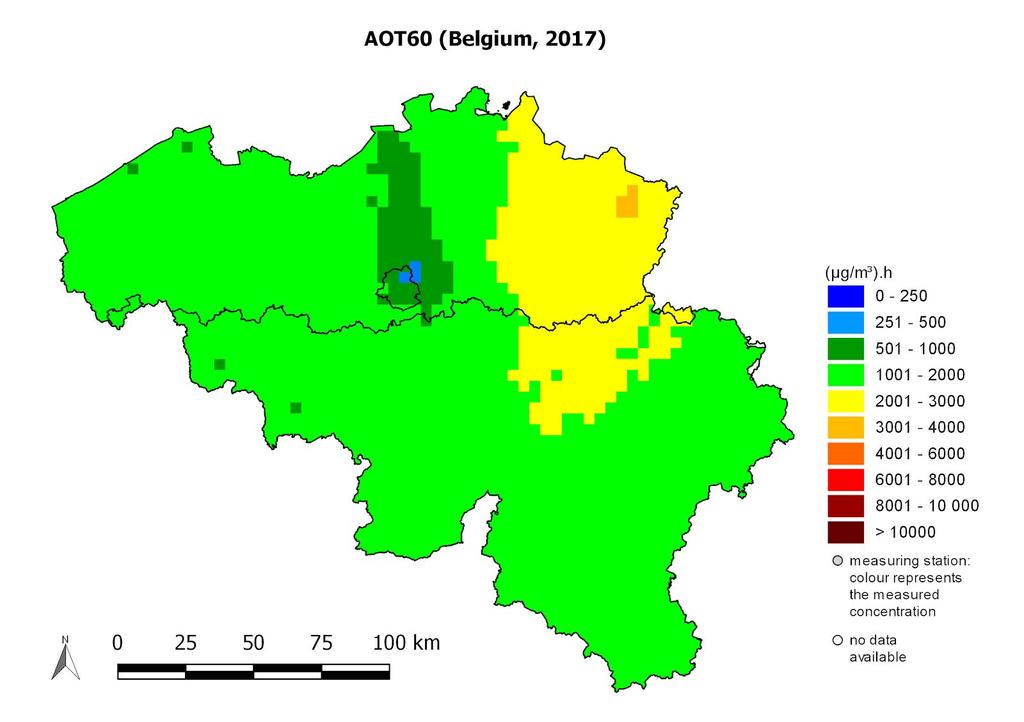 71 Figuur 46 toont de ruimtelijke spreiding over België van de AOT60 in 2017. Het is duidelijk dat de ozonoverlast in 2017 beperkt was in België. De langetermijndoelstelling van 0 (µg/m³).