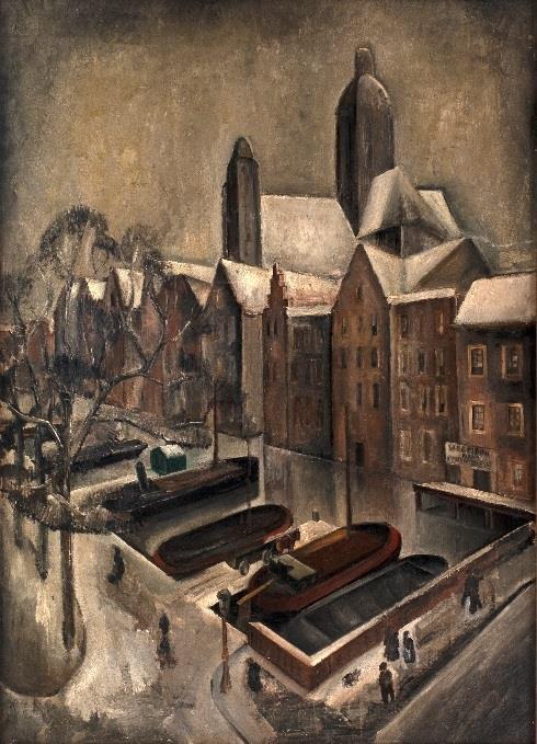 Naam kunstenaar: Adriaan Lubbers (1892-1954) Titel: Winter in Amsterdam Techniek: olie