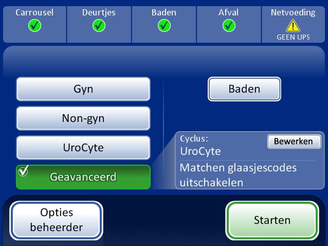 GEBRUIKERSINTERFACE 6 Afbeelding 6-4 Het hoofdscherm waarin Matchen glaasjescodes uitschakelen is geselecteerd 9. Druk op de knop Starten om het monster te bewerken.