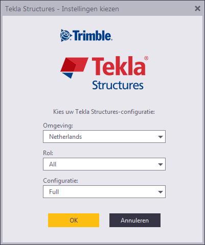 Het dialoogvenster Tekla Structures - Instellingen kiezen verschijnt. 2. Selecteer een omgeving.