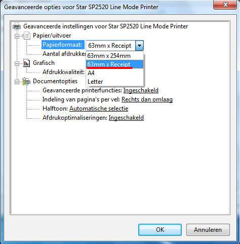 Klik op Geavanceerd en selecteer bij Papier/uitvoer 63mm x Receipt Klik op OK om het scherm Geavanceerde opties voor Star SP2520 te sluiten.