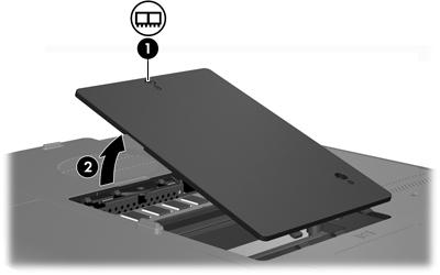 7. Verwijder het klepje van het compartiment van de geheugenmodule (2) van de computer. 8. U verwijdert een geheugenmodule als volgt: a.