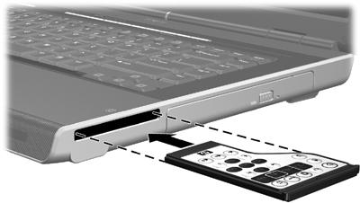 De afstandsbediening opbergen in het ExpressCard-slot U kunt de HP Mobile Remote Control (HP-afstandsbediening) (ExpressCard-versie) op een eenvoudige en veilige manier opbergen in het