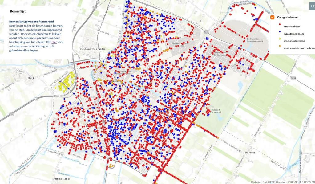 Figuur 8 Bomenlijst gemeente Purmerend 2016 (rood s tructuurboom, blauw waardevolle boom, geel monumentale boom, oranje monumentale s tructuurboom 4.3.